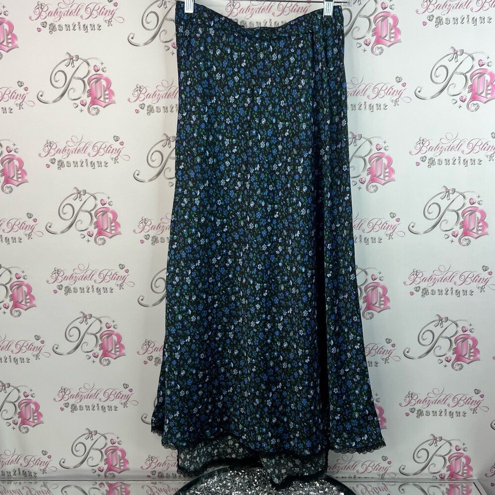 Zara long maxi flowers black Floral Blue Skirt green lace trim bottom hem - Picture 1 of 13